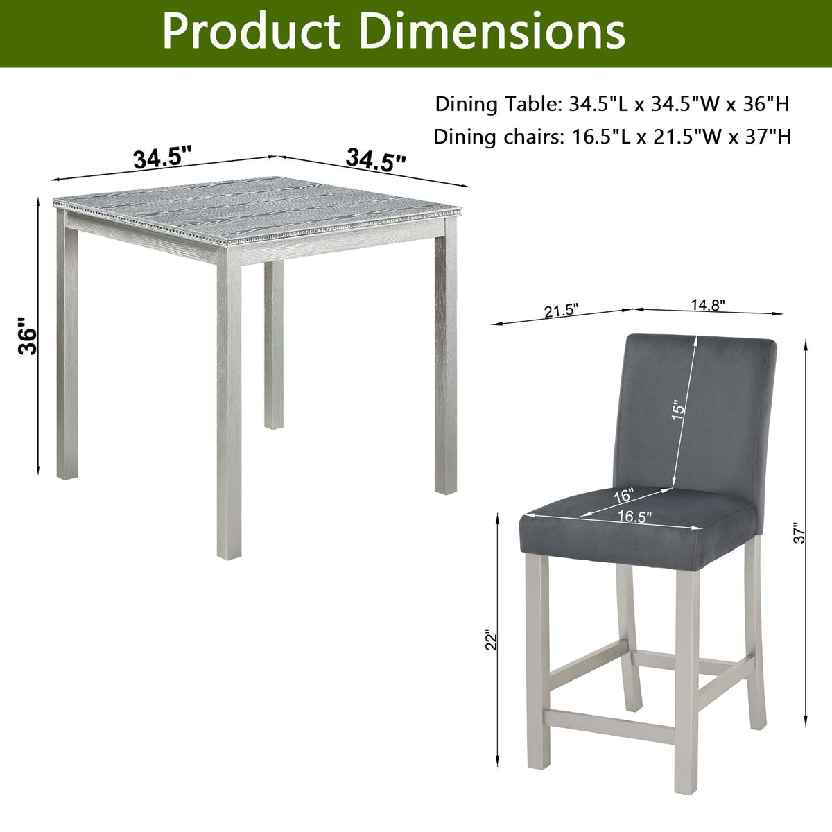 5 Piece Counter Height Dining Set with square silver table and 4 gray upholstered chairs HouseOfZazla on Tampa Home & Garden Store