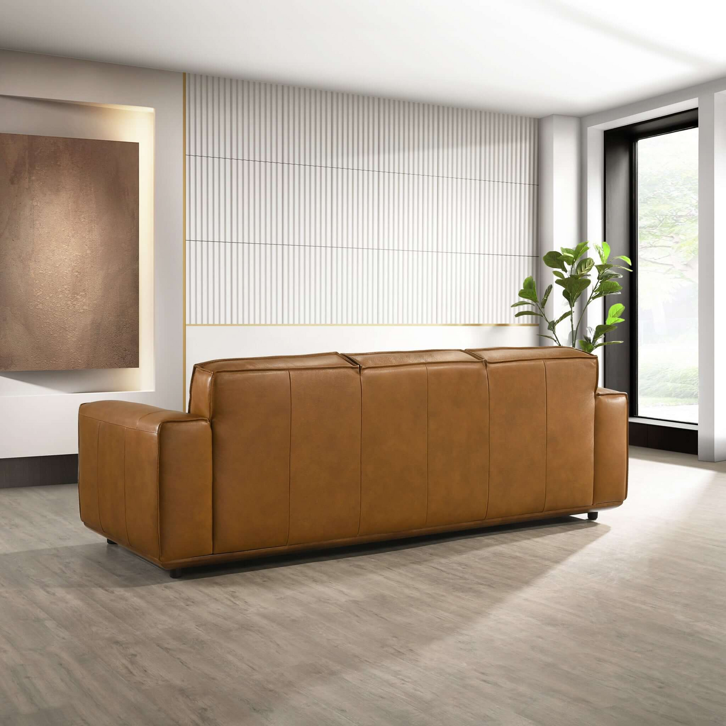 Hanky Genuine Tan Leather Sofa by HouseOfZazla, tan leather, modern living room staple on Tampa Home & Garden Store