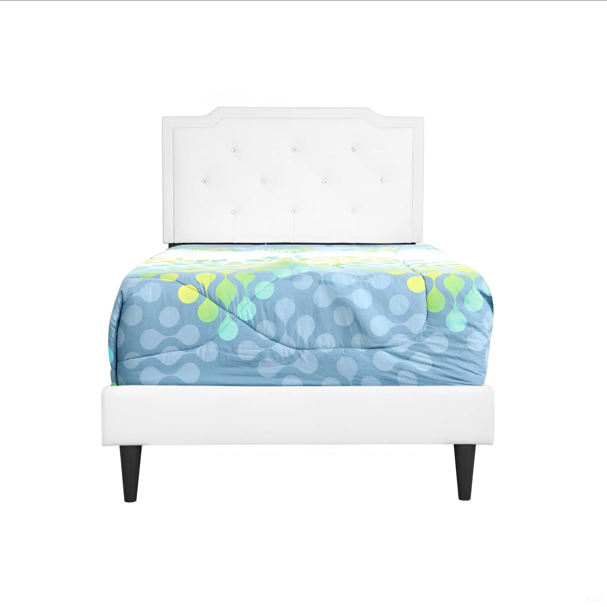 Button Tufted Bed white upholstered headboard with tufted buttons and crown blue green comforter on Tampa Home & Garden Store