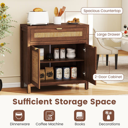 Sideboard Storage Cabinet with Rattan Doors and Drawer-Brown