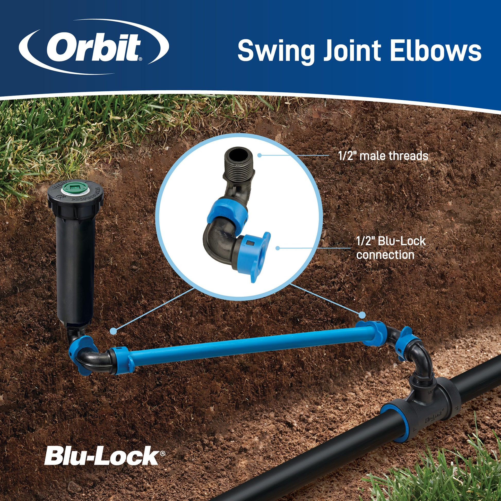 Blu-Lock 1/2 in street elbow pipe connector Orbit blue/black for underground irrigation on Tampa Home & Garden Store