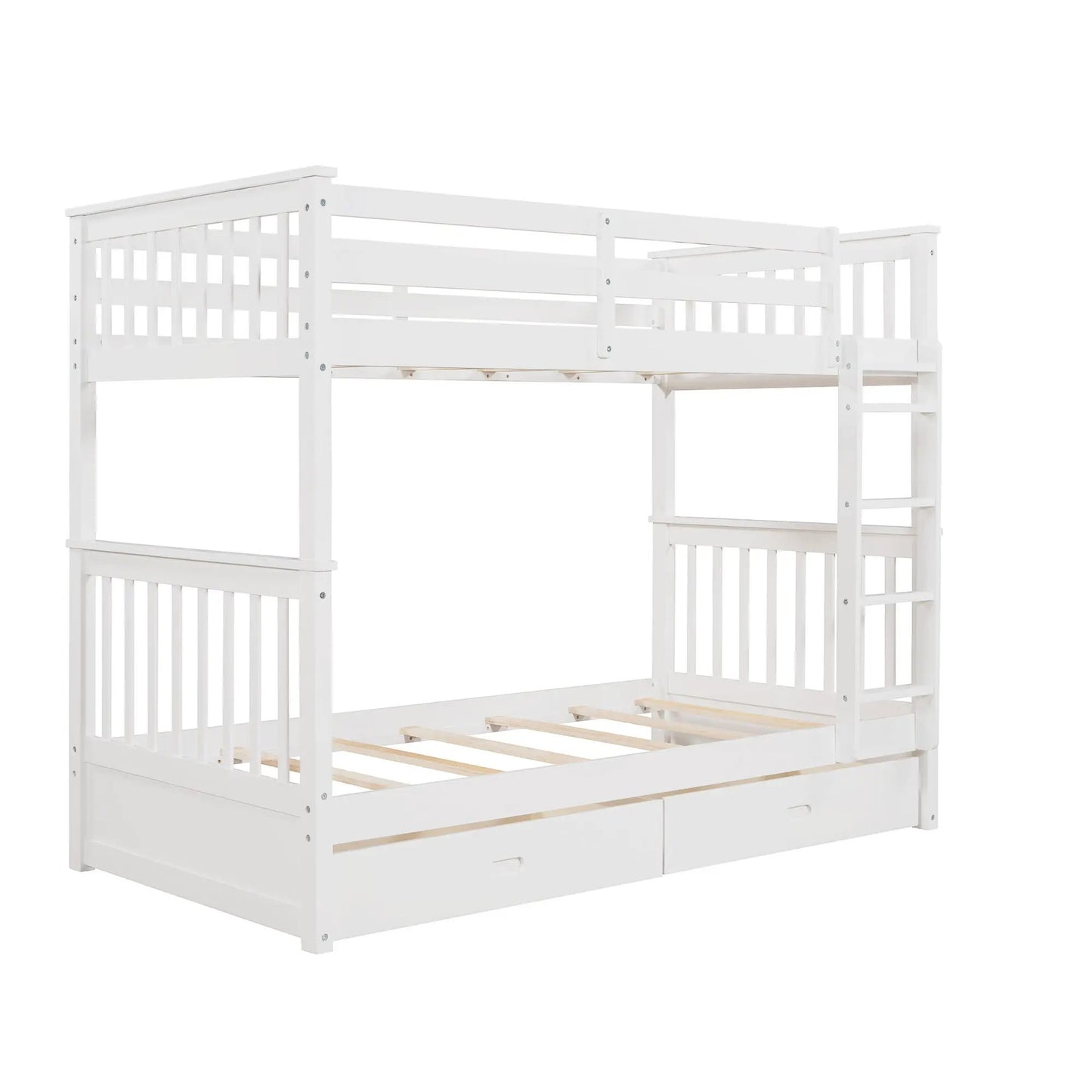 Bunk bed in white with ladder on right, top guard rails, and two under-bed storage drawers on Tampa Home & Garden Store
