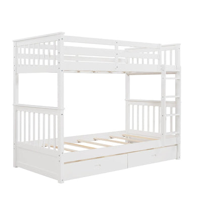 Bunk bed in white with ladder on right, top guard rails, and two under-bed storage drawers on Tampa Home & Garden Store