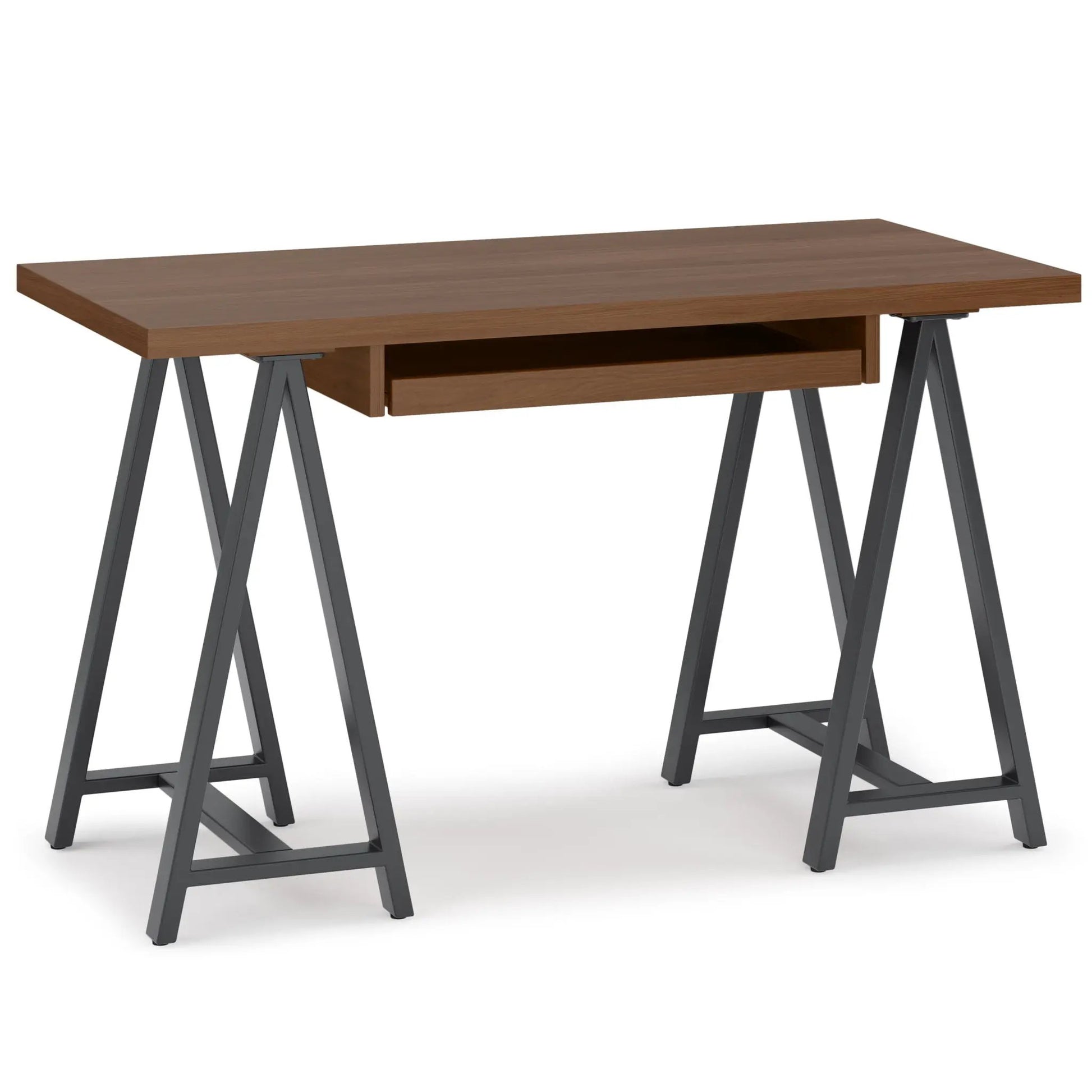 Sawhorse desk handcrafted solid wood top with brown finish and gray metal trestle legs and shelf on Tampa Home & Garden Store