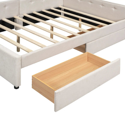 Platform bed with USB ports, beige upholstery, wood slats, pull-out trundle by Unique Piece on Tampa Home & Garden Store
