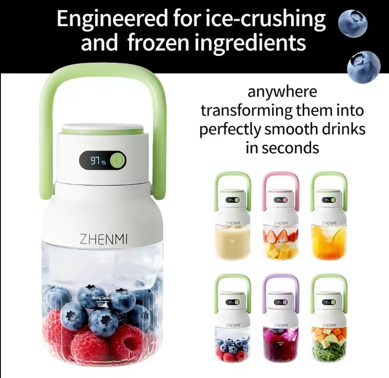 BlendGo portable blender lime-green handle clear jar with berries Zhenmi 97% display on Tampa Home & Garden Store
