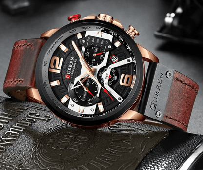 Stevvex men's sport watch with brown leather strap, rose-gold case, chronograph dial on Tampa Home & Garden Store