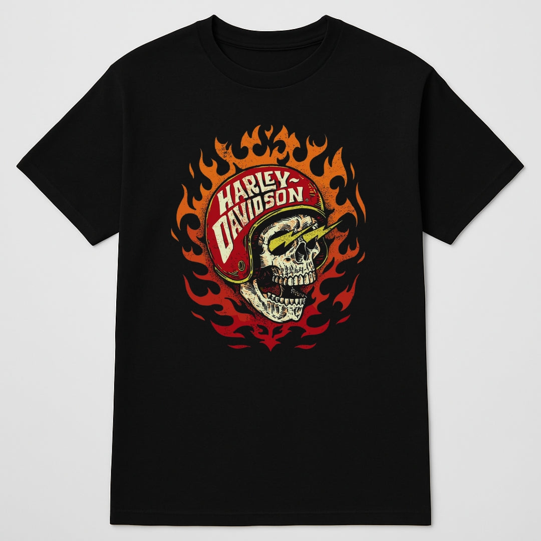 BikerZoneZ Homecoming Milwaukee T-shirt with flaming skull and red Harley-Davidson helmet on Tampa Home & Garden Store