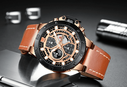 Stevvex ST1N600MK men's watch with rose-gold case, black bezel, skeleton dial, tan strap on Tampa Home & Garden Store