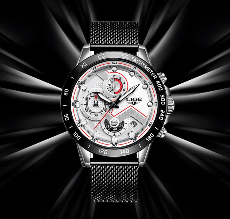 Men's stainless steel bracelet sports watch with tachymeter bezel and multi-dial face LIGE on Tampa Home & Garden Store
