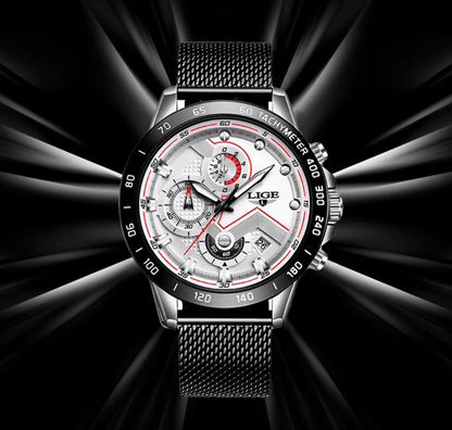 Men's stainless steel bracelet sports watch with tachymeter bezel and multi-dial face LIGE on Tampa Home & Garden Store