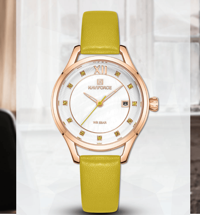 Women's Naviforce watch with lime leather strap, rose-gold metal case, white dial, date window on Tampa Home & Garden Store