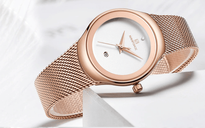 Women's elegant stainless steel watch with rose gold braided bracelet, Stevvex ST1N1700ZC7 on Tampa Home & Garden Store
