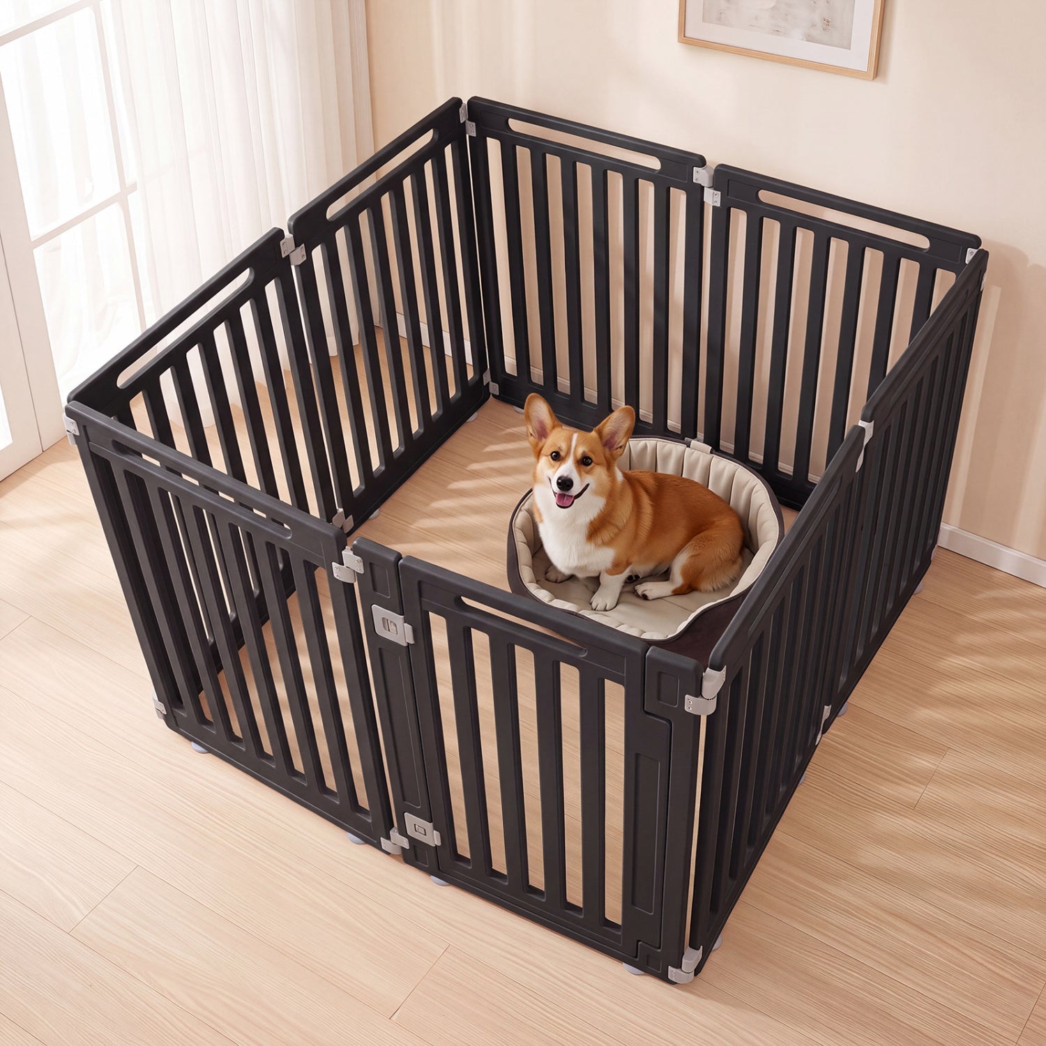 8-Panel Dog Playpen HDPE, black pet pen by DirectDeals with a corgi in a padded bed on Tampa Home & Garden Store