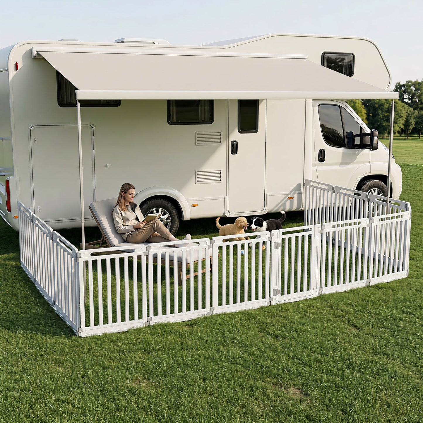 DirectDeals 12-Panel Dog Playpen, 31.5-in high, white outdoor pet fence by a motorhome on Tampa Home & Garden Store