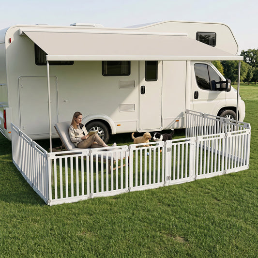DirectDeals 12-Panel Dog Playpen, 31.5-in high, white outdoor pet fence by a motorhome on Tampa Home & Garden Store
