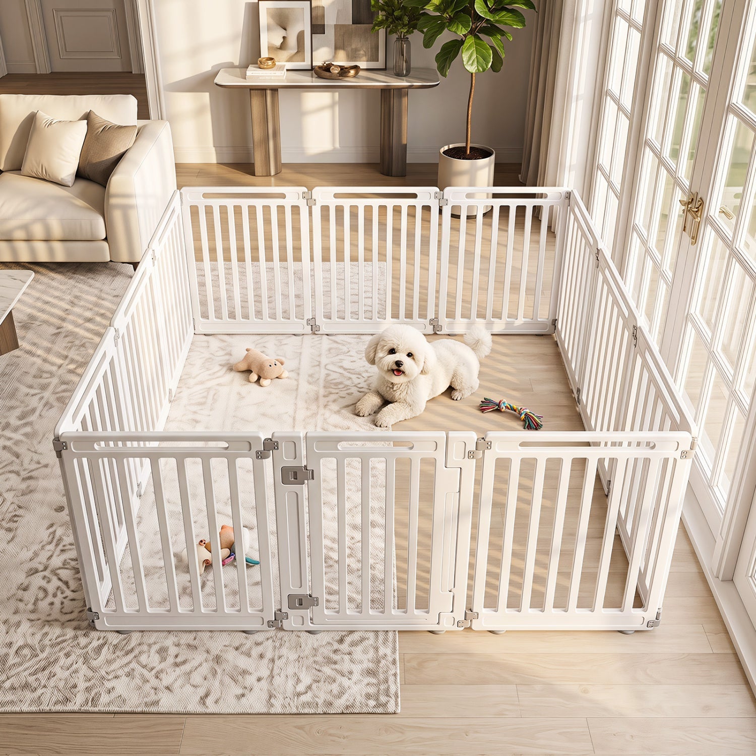 12-Panel Dog Playpen, 31.5in height, white DirectDeals pet fence with dog in living room on Tampa Home & Garden Store