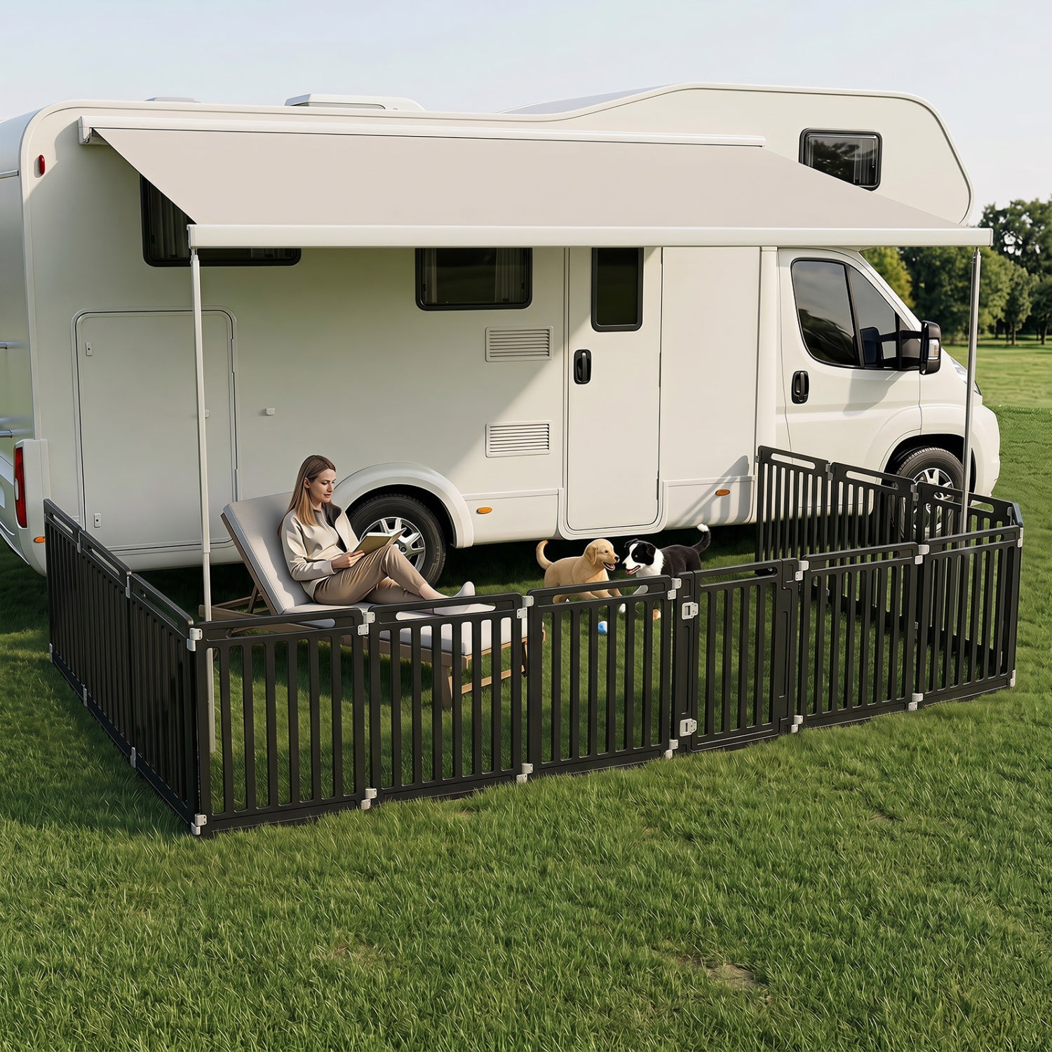 12-Panel Dog Playpen DirectDeals black metal panels two dogs beside a motorhome on Tampa Home & Garden Store