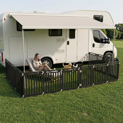 12-Panel Dog Playpen DirectDeals black metal panels two dogs beside a motorhome on Tampa Home & Garden Store