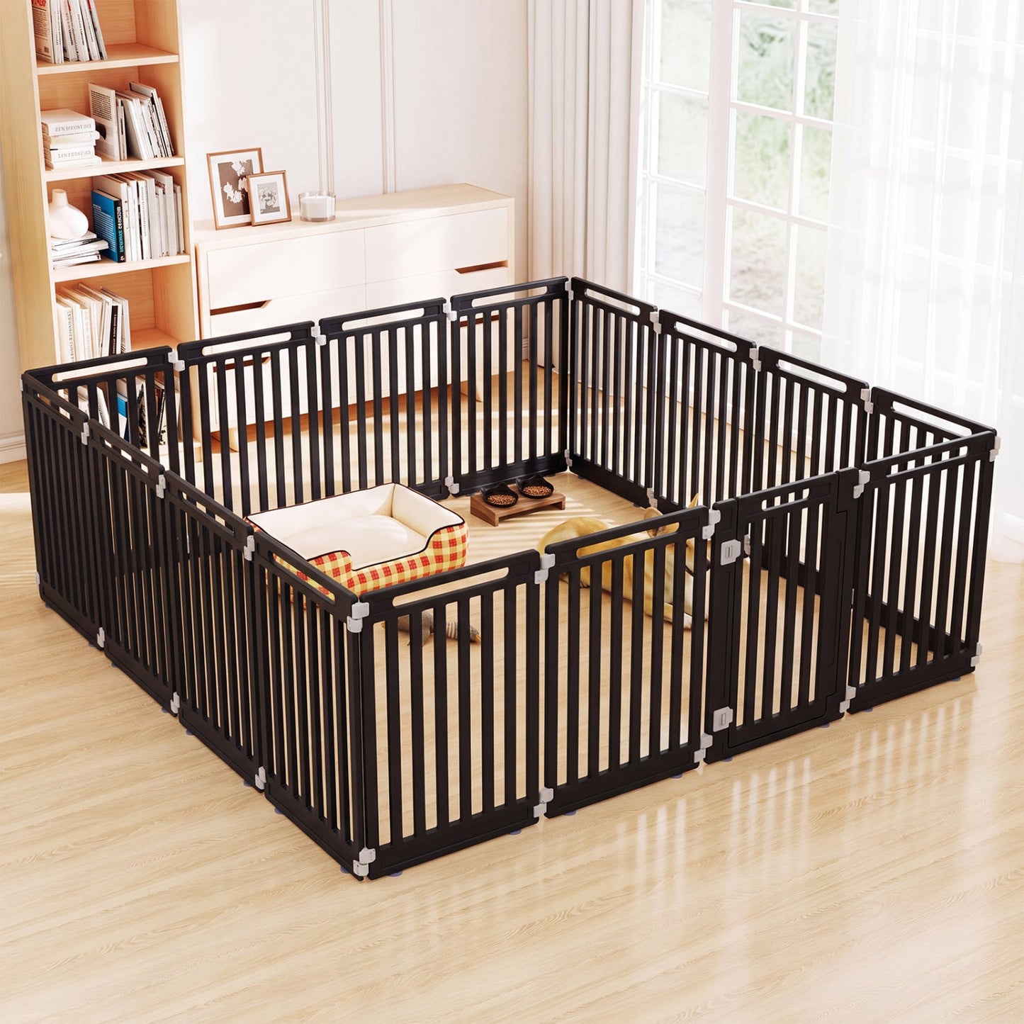 Dog playpen 16-panel, black, 31.5-in high, modular panels enclosing a living room with a dog bed inside on Tampa Home & Garden Store