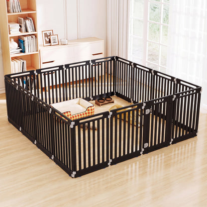 Dog playpen 16-panel, black, 31.5-in high, modular panels enclosing a living room with a dog bed inside on Tampa Home & Garden Store