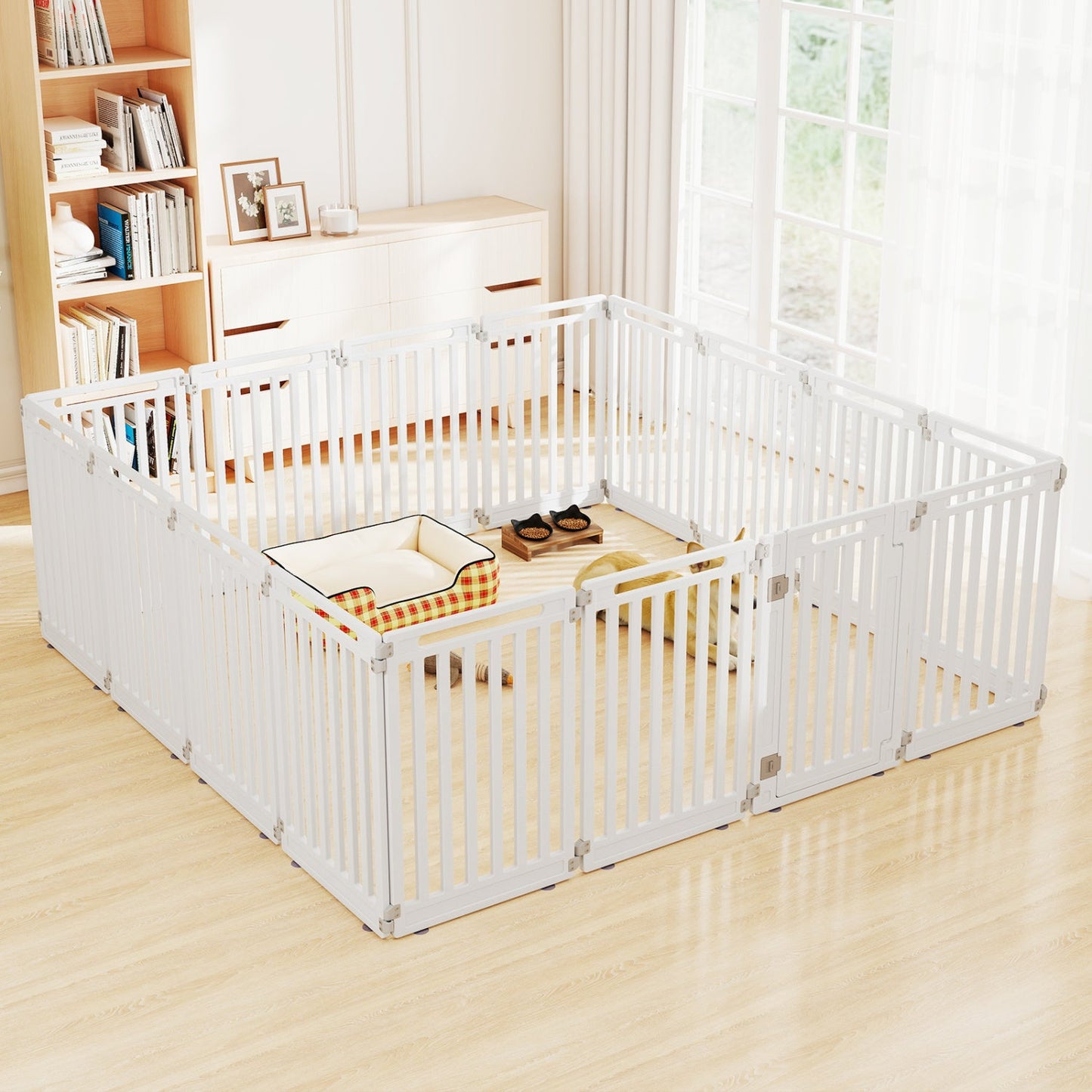 16-Panel Dog Playpen 31.5in, white DirectDeals pet gate with dog bed inside on Tampa Home & Garden Store