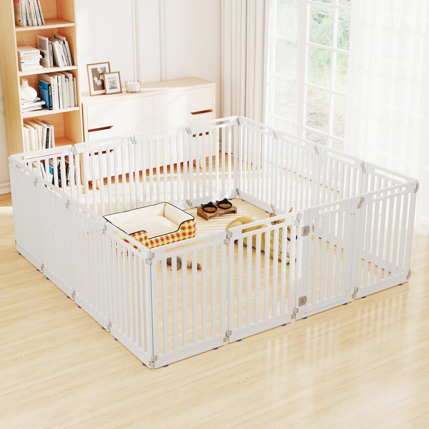 16-Panel Dog Playpen 31.5in, white DirectDeals pet gate with dog bed inside on Tampa Home & Garden Store
