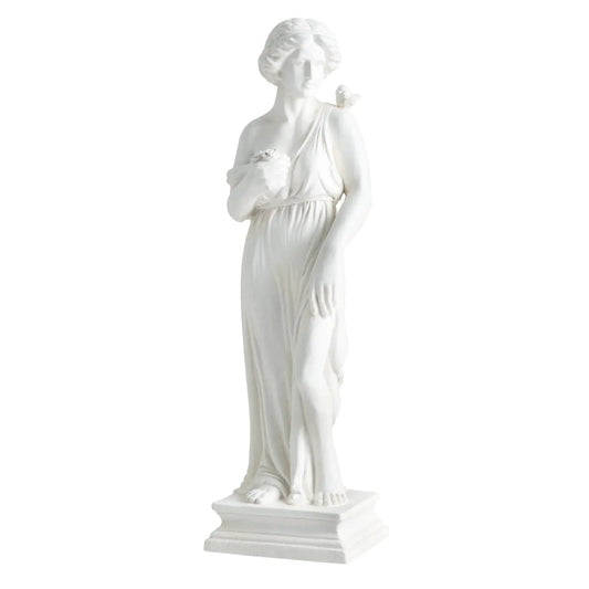 31.5 Inch Greek Goddess Statue antique finish on column base white figure holding flowers on Tampa Home & Garden Store