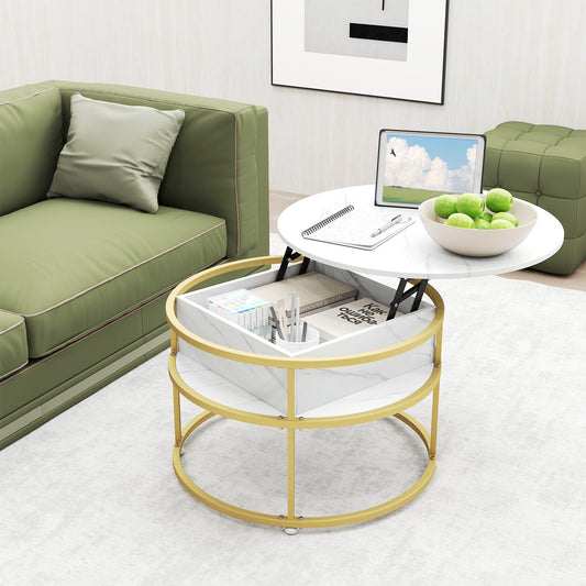 31.5 Inch Round Lift Top Coffee Table with Hidden Compartment and Side Shelves - Tampa Home & Garden Store