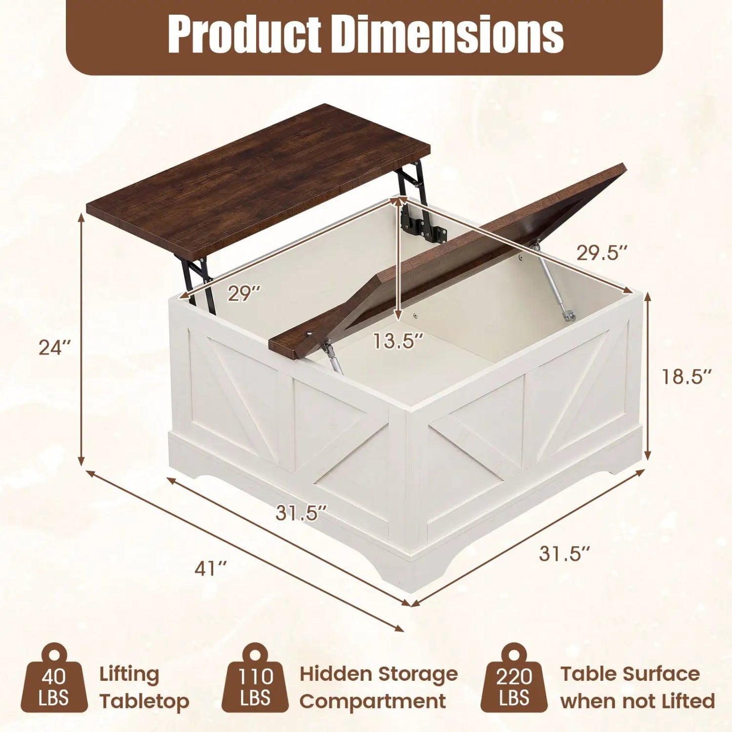 31.5 Inch Square Coffee Table with Lifting Top