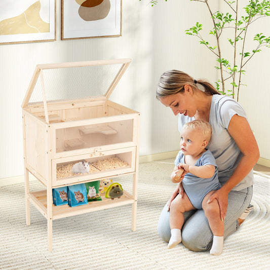 31.5 Inches Freestanding Hamster Cage Wooden Hamster Habitat Playpen-Natural - Tampa Home & Garden Store