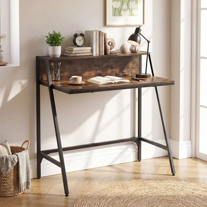 Industrial Desk With Raised Shelf and Metal Frame