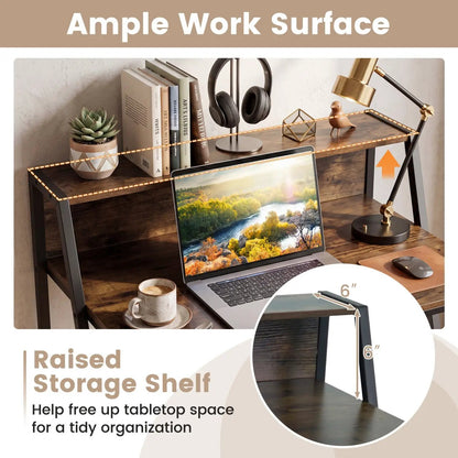 Industrial Desk With Raised Shelf and Metal Frame