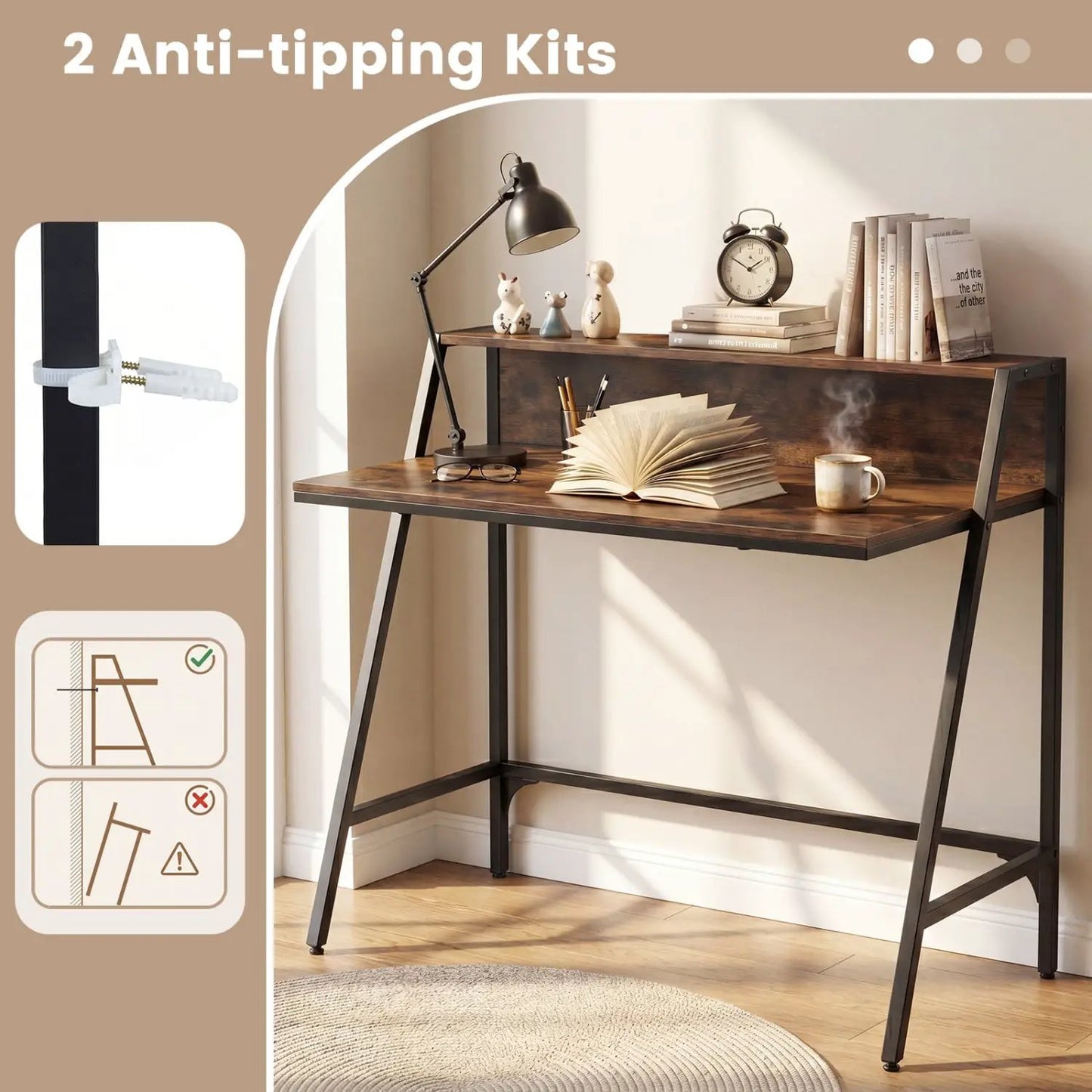 Industrial Desk With Raised Shelf and Metal Frame