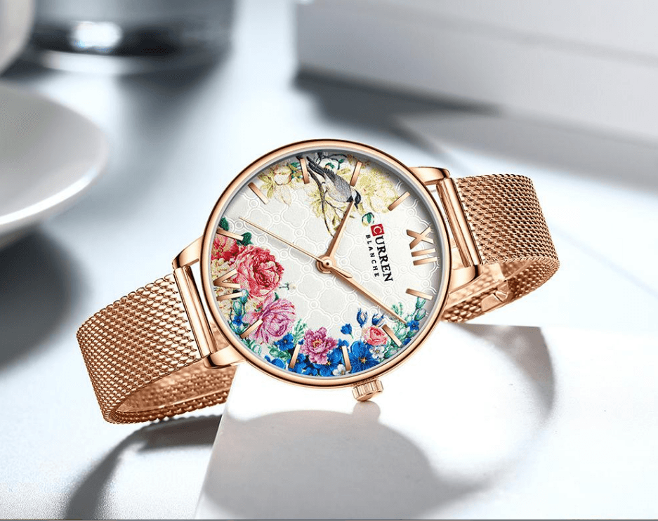 Stevvex women's rose gold mesh watch with decoupage floral dial and Roman numerals on Tampa Home & Garden Store