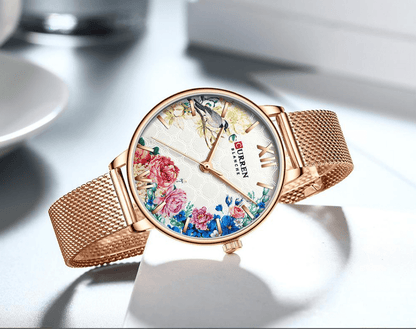 Stevvex women's rose gold mesh watch with decoupage floral dial and Roman numerals on Tampa Home & Garden Store