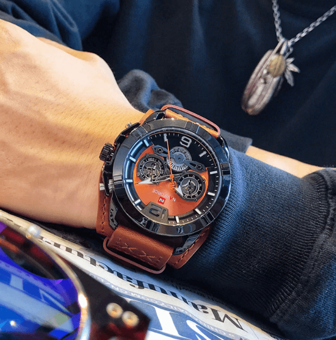Men's Stevvex waterproof watch with chronograph, orange dial, luminous hands, brown strap on Tampa Home & Garden Store