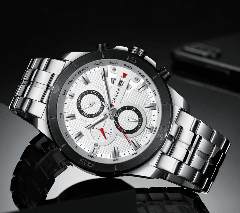 Stevvex men's waterproof chronograph with day view and fluorescent hands stainless steel band on Tampa Home & Garden Store