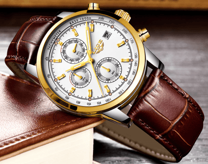 Men's Stevvex ST1LG5450MTK waterproof watch white dial gold bezel brown leather strap on Tampa Home & Garden Store