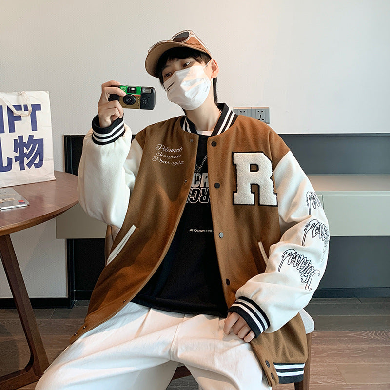 Stevvex bomber jacket brown body white sleeves with R patch streetwear varsity look on Tampa Home & Garden Store