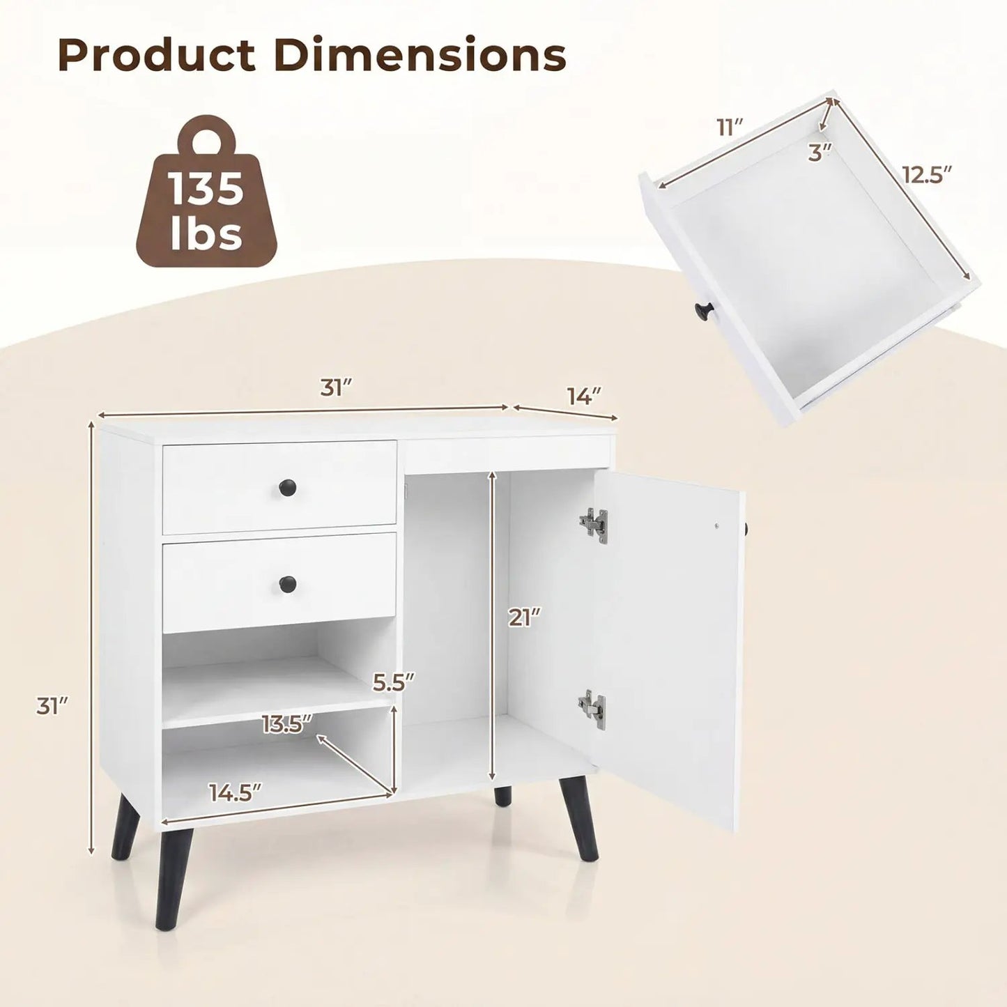 31 Inch Sideboard Cabinet with 2 Drawers