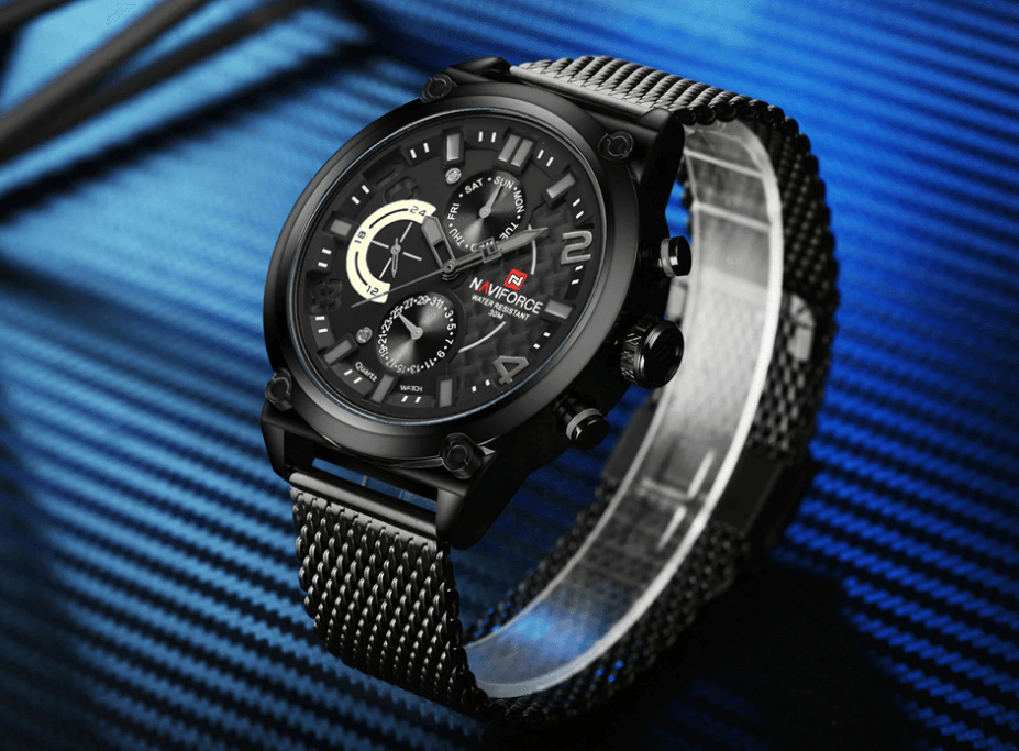 Stevvex ST1N1000MC1 men's analog quartz watch with black dial and stainless steel mesh band on Tampa Home & Garden Store