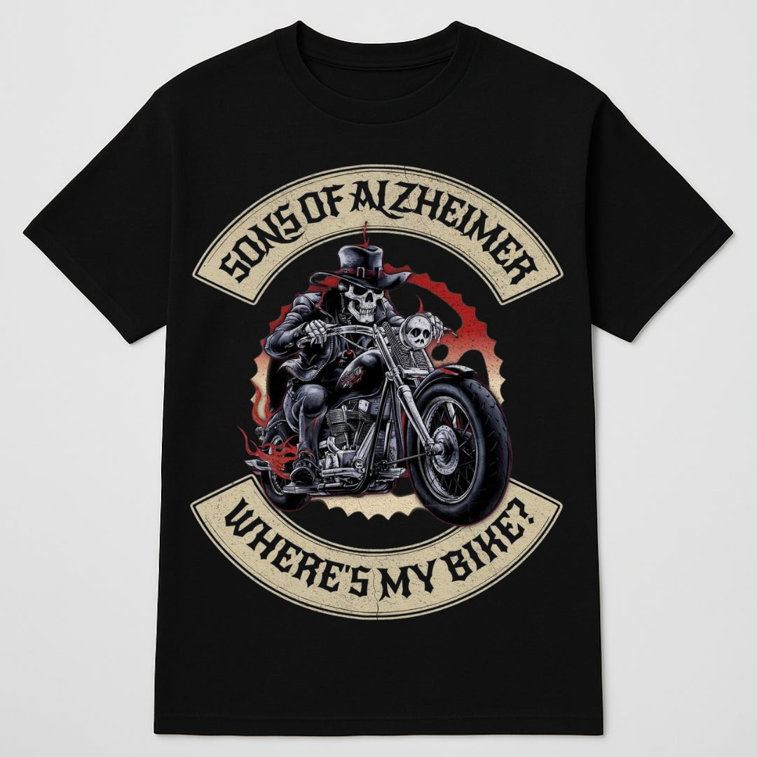 Black Biker T-shirt skeleton biker on motorcycle graphic with Where's My Bike? by BikerZoneZ on Tampa Home & Garden Store