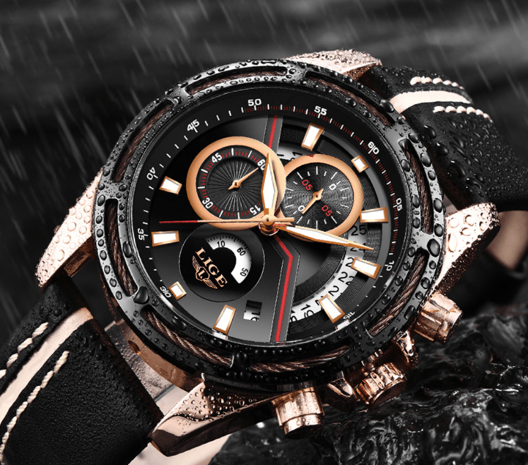 Stevvex men's waterproof sport watch with leather strap, rose-gold case, chronograph subdials and luminous hands on Tampa Home & Garden Store