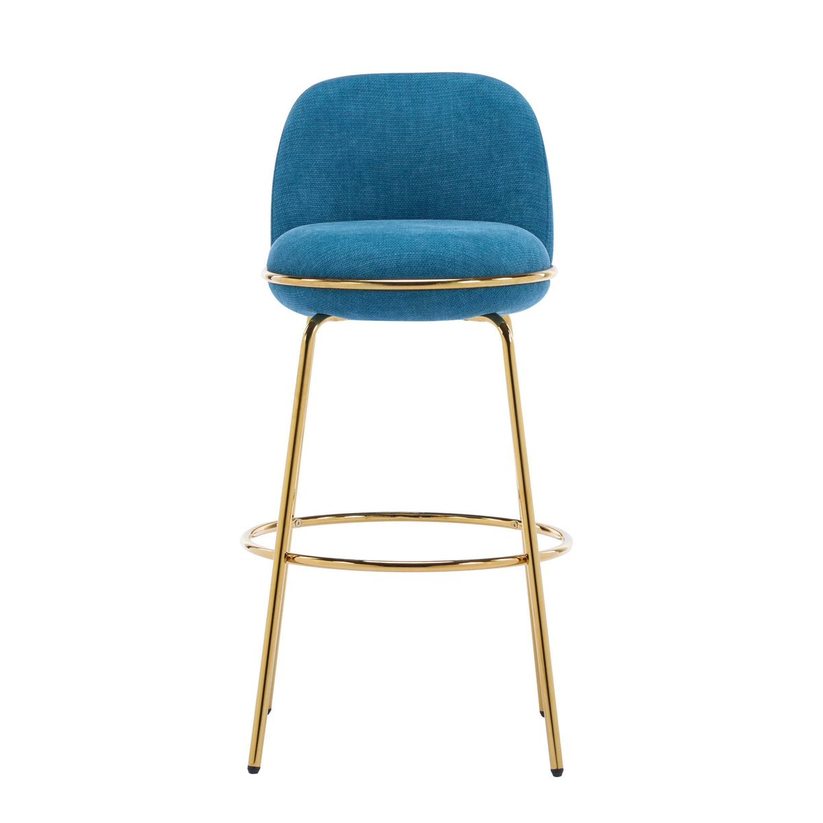 Rio Claro indoor upholstered barstool blue fabric with curved back and gold footring on Tampa Home & Garden Store