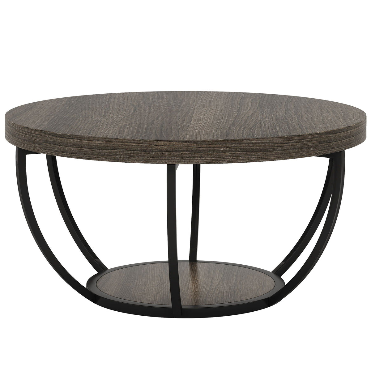 2 Tier Circle Coffee Table with storage dark brown wood top black metal curved legs HouseOfZazla on Tampa Home & Garden Store