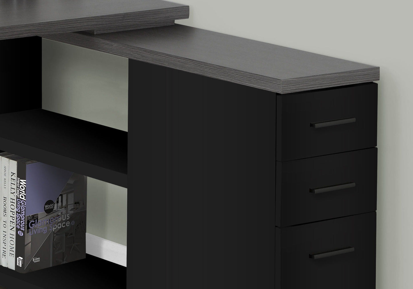 L-Shape Computer Desk with Storage Drawers black finish, dark woodgrain top, metal handles on Tampa Home & Garden Store