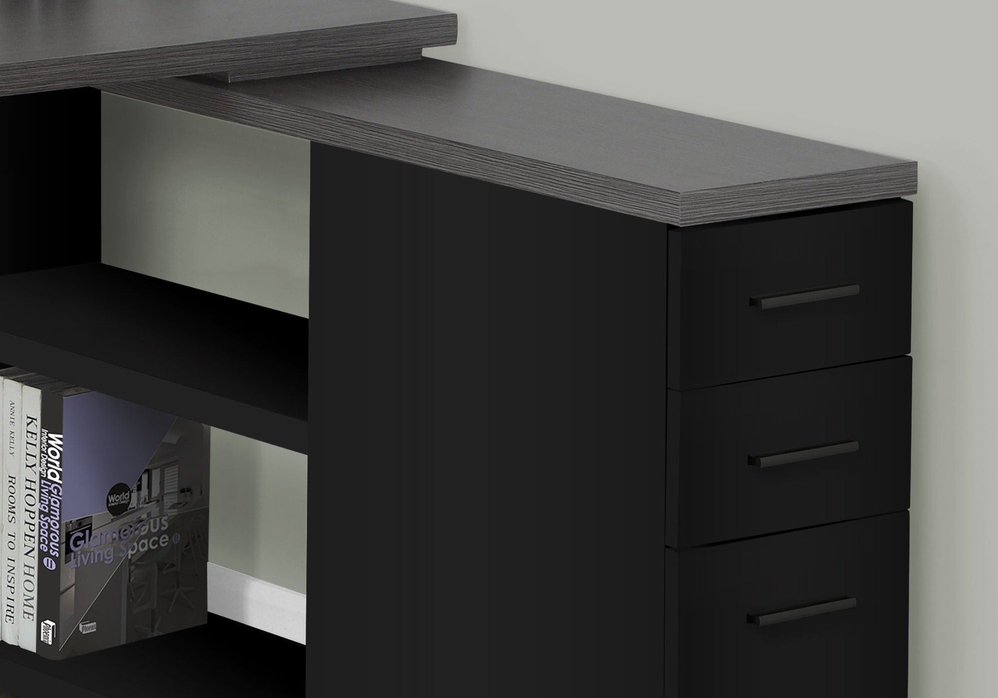L-Shape Computer Desk with Storage Drawers black finish, dark woodgrain top, metal handles on Tampa Home & Garden Store