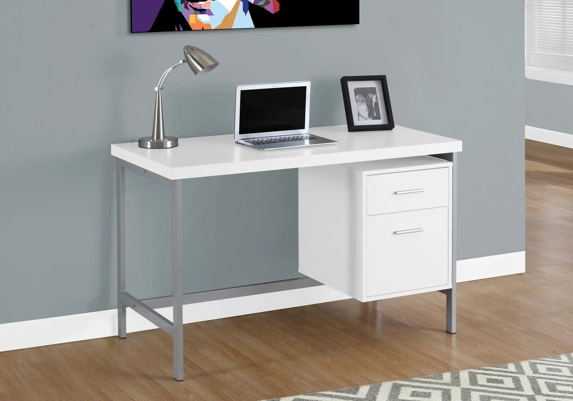 Computer desk with left-right set, white top, metal frame, drawers, Unique Piece Furniture on Tampa Home & Garden Store