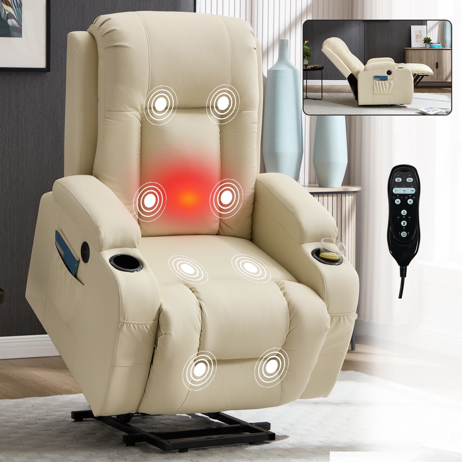 Beige PU Infinite Position Power Lift Recliner by HouseOfZazla with remote and heat zones on Tampa Home & Garden Store